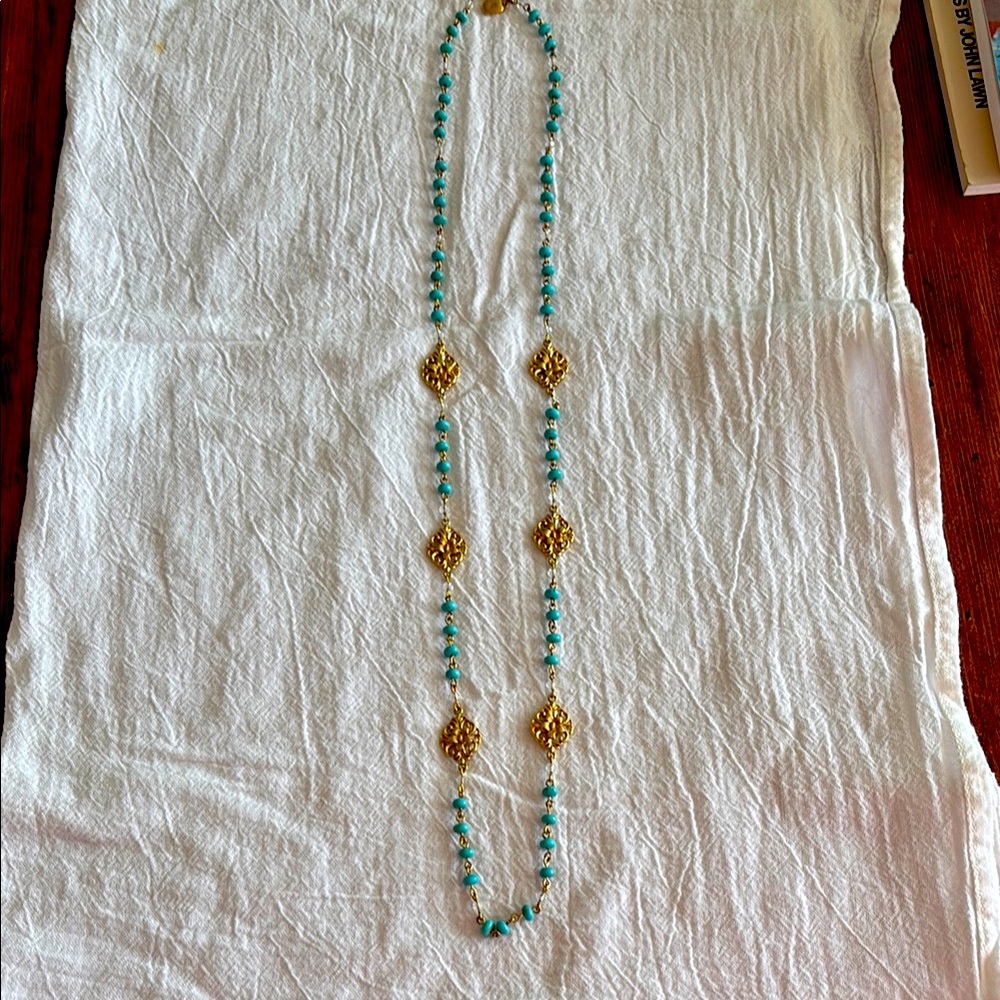 Ralph Lauren Turquoise and Gold Tone Floral Necklace.